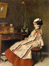 Oil painting henri rene gaume - woman in striped jacket young lady seated art
