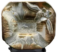 Studio Art Pottery Blue and Brown Trinket Dish with Applied Clay Flower