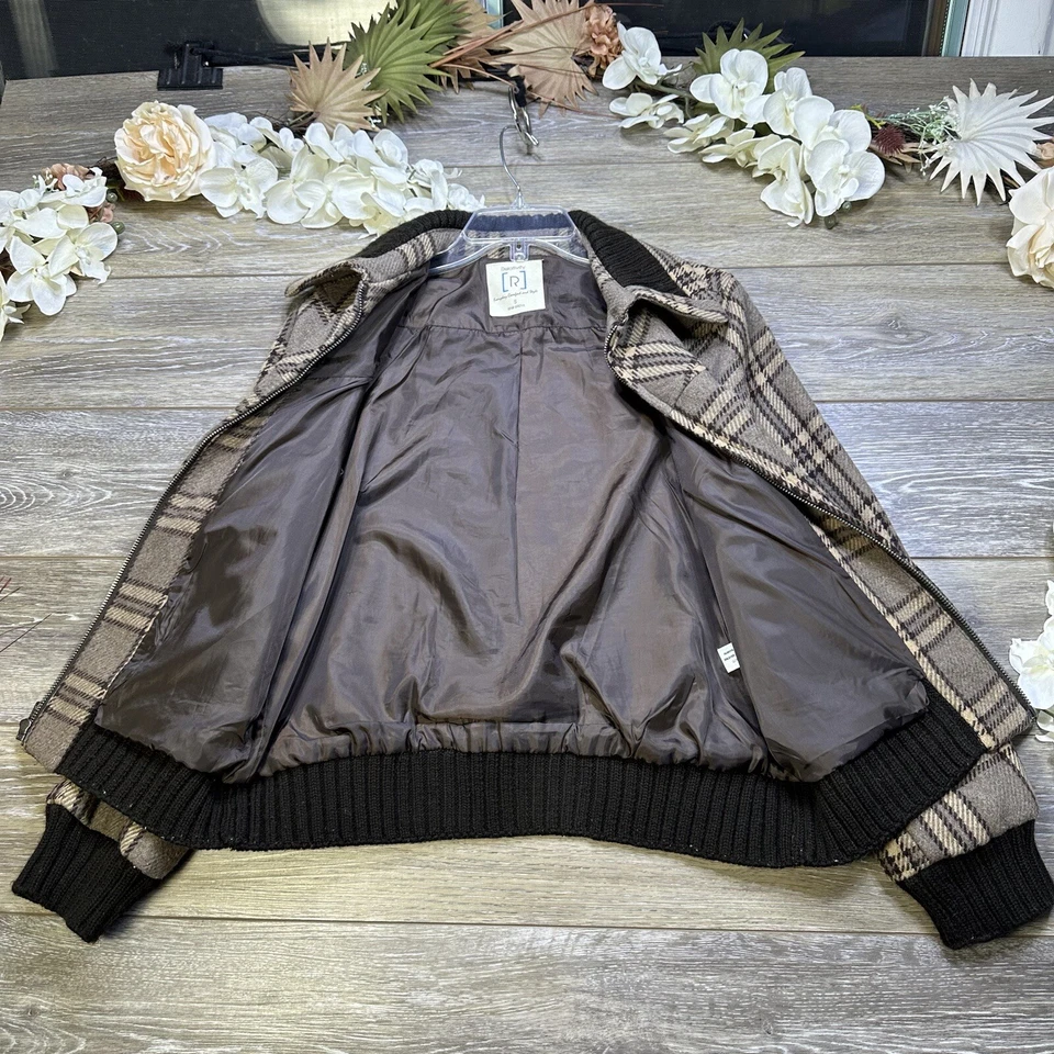 Chaqueta Relativity Mujer Pequeña Marrón Tweed Lana Abrigo a Cuadros Cremallera Completa Forrada Foto 4 de 4