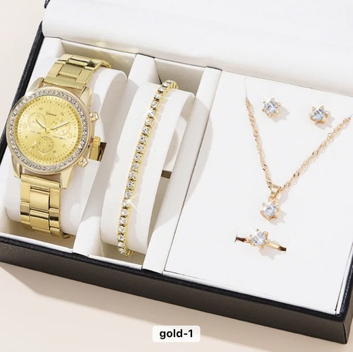 6PCS Set Luxury Watch Women Ring Necklace Earrings Rhinestone Fashion Wristwatch
