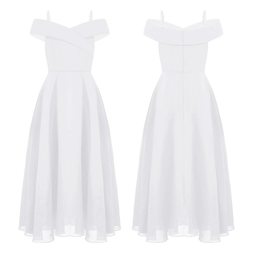 Kids Girls Chiffon Off Shoulder Flower Dress Wedding Party Prom Formal Ball Gown - Picture 46 of 56