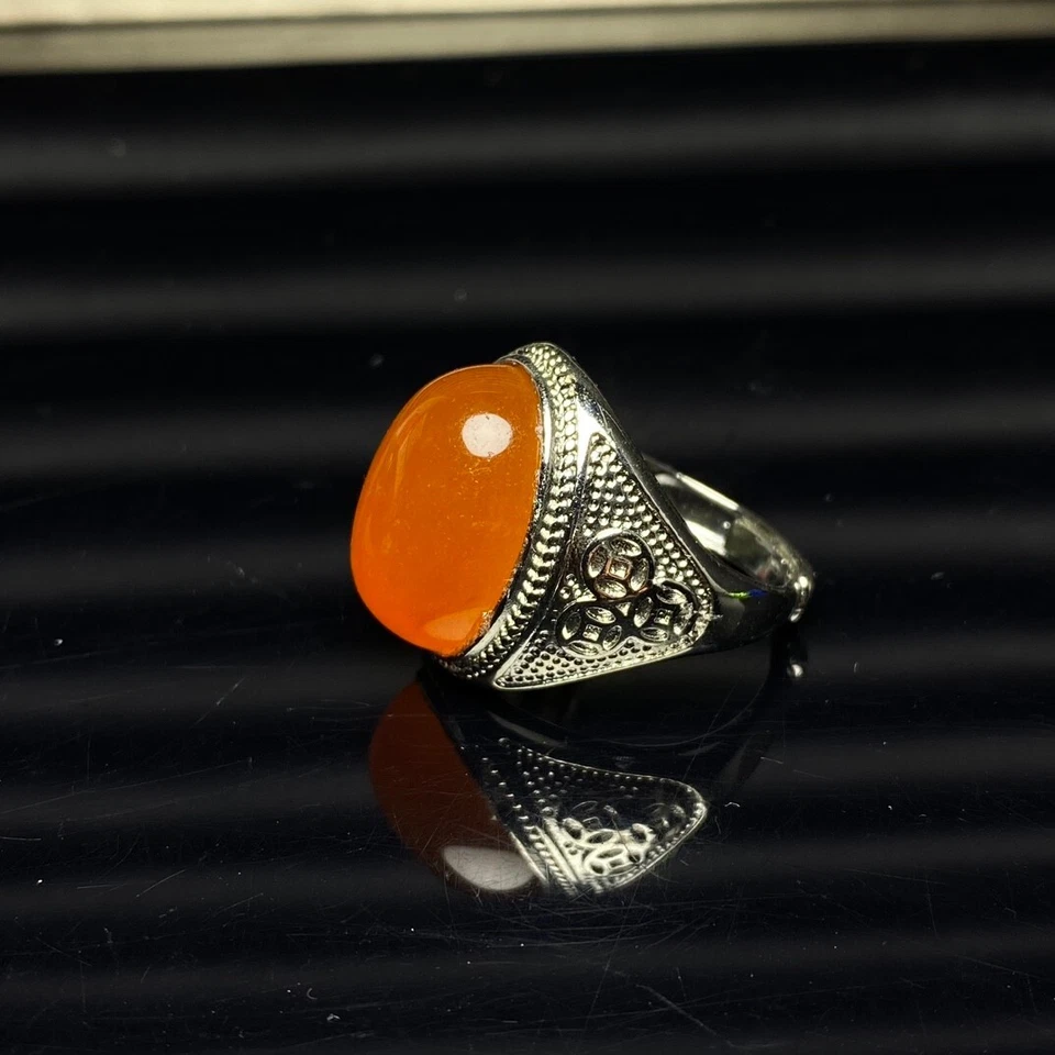 Anillos amuleto para mujer con incrustación natural naranja hielo jade birmano jadeíta Foto 3 de 4