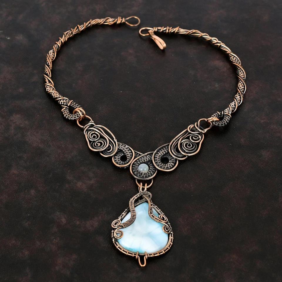 Joyería de piedras preciosas Larimar regalo de cobre para mamá collar de cadena envuelto en alambre 18,0" Foto 2 de 4