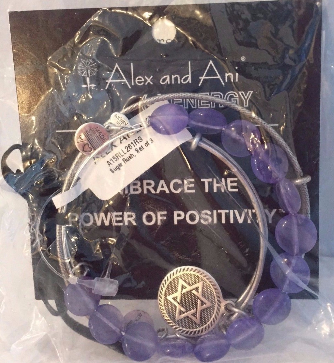 Alex and Ani Star of David Sugar Rush Purple Bead Wire Bangle Set of