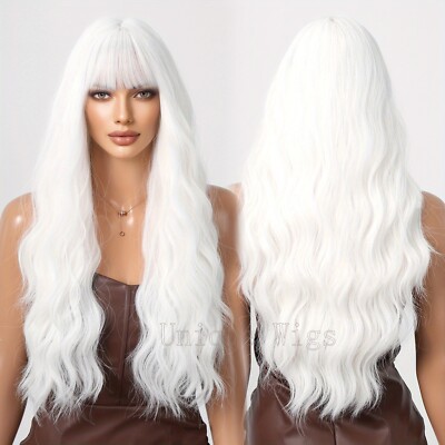 28 Inch Long Curly White Wig with Bangs Stylish Rose Mesh Cap
