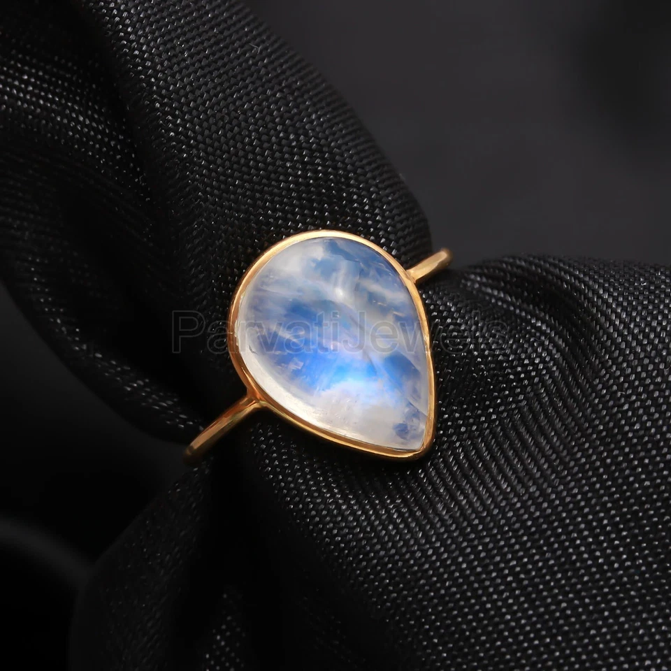 Anillo de regalo de aniversario de oro macizo de 18 quilates con piedras preciosas de luna arco iris natural para mujer Foto 4 de 4