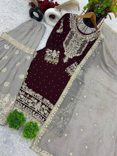 Abito nuovo marrone pakistano Salwar Kameez pronto all'uso 3 pezzi vestito festa matrimonio L - Foto 6 di 8