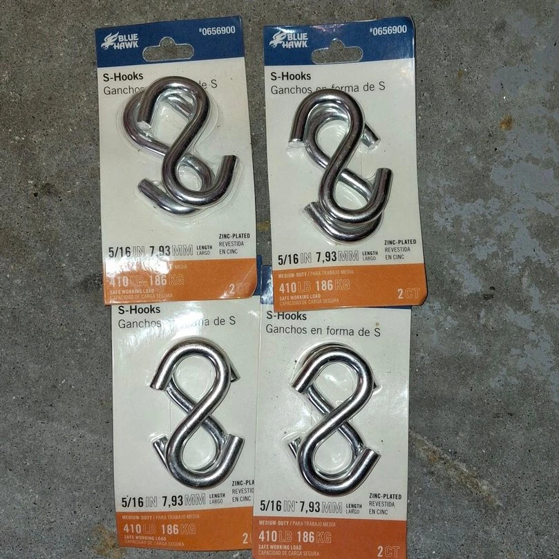 Lot of 8 S-Hooks Zinc-Plated 5/16" 7.93mm 4x2-Packs 410 lb Blue Hawk NEW 0656900