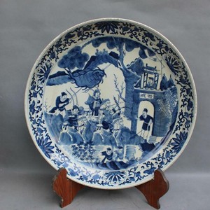 Estate Chinese Antique Qing Dynasty Blue White Porcelain Figure Plate