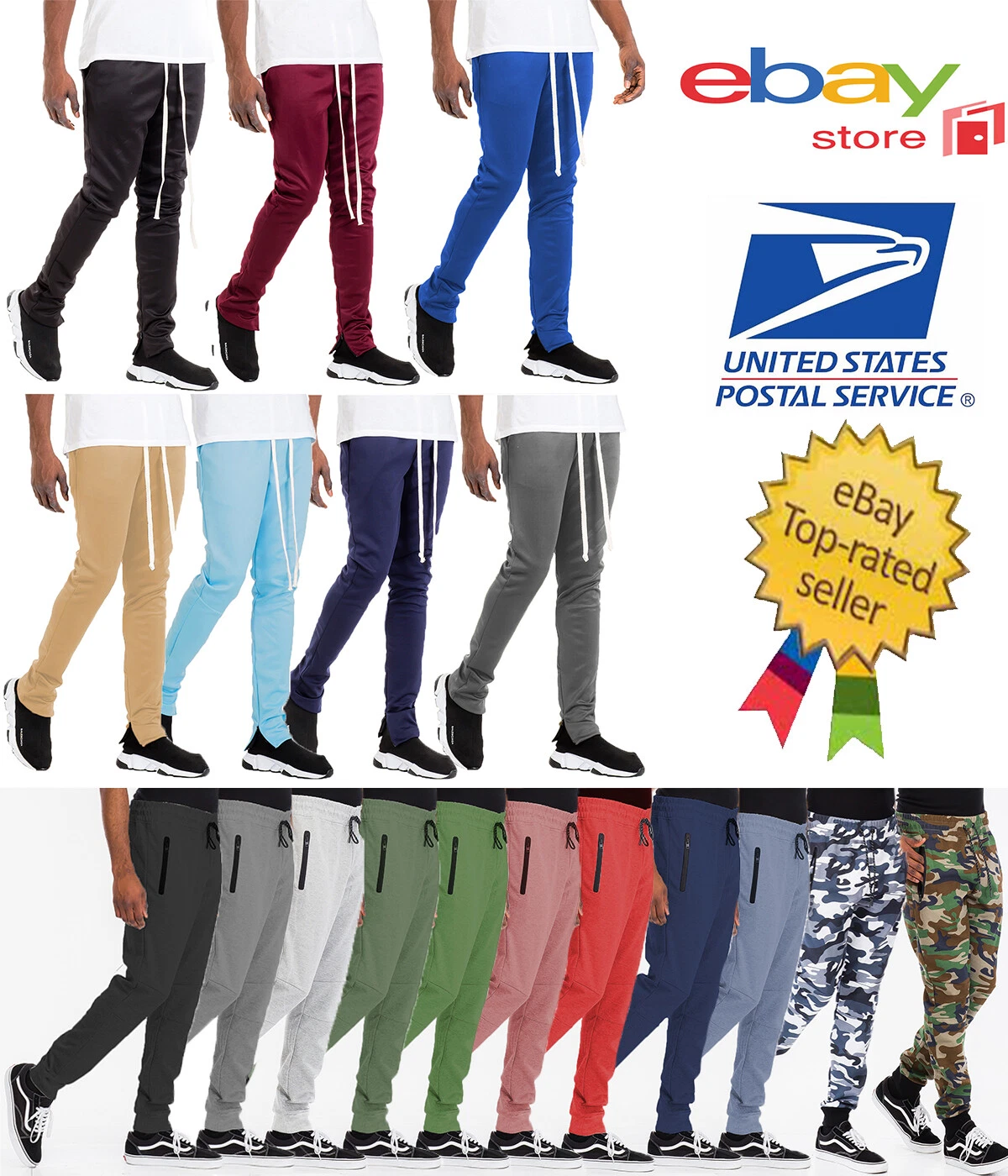 Mens Solid Plain Casual Jogger Track Pant Ankle Zipper