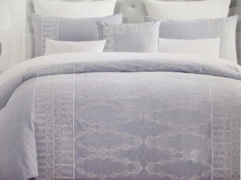 Nicole Miller CHAMBRAY Denim Azul Blanco Bordado Floral Juego - Queen Foto 2 de 4