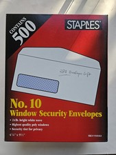 Staples 10 Single Window Security Envelope / Made in USA 4 1/8" x 9 1/2 "