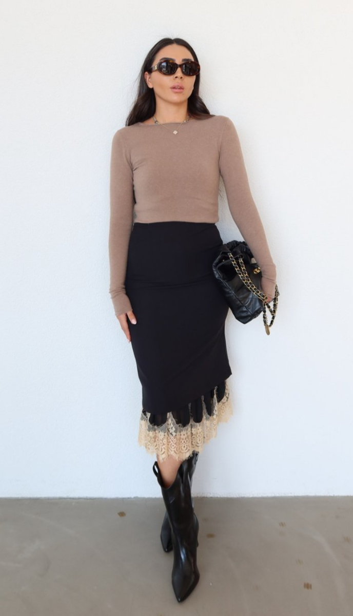 Zara ZW Collection Long Combined Lace Skirt Black Beige Size S M