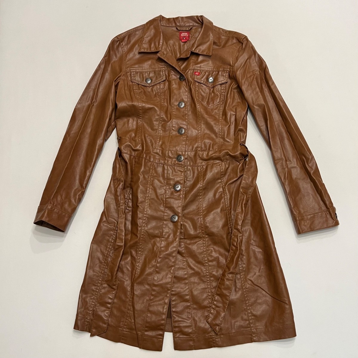 Y2K Miss Sixty Faux Leather Trench Coat Jacket Sz Med Belted