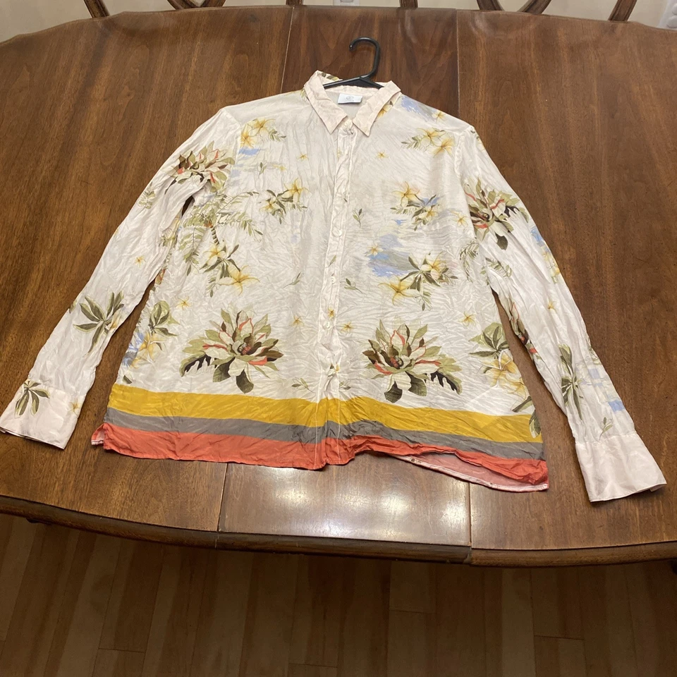 Blusa havaiana tropical Bogner 100% seda manga longa gola alta tamanho 12 - Imagem 2 de 4