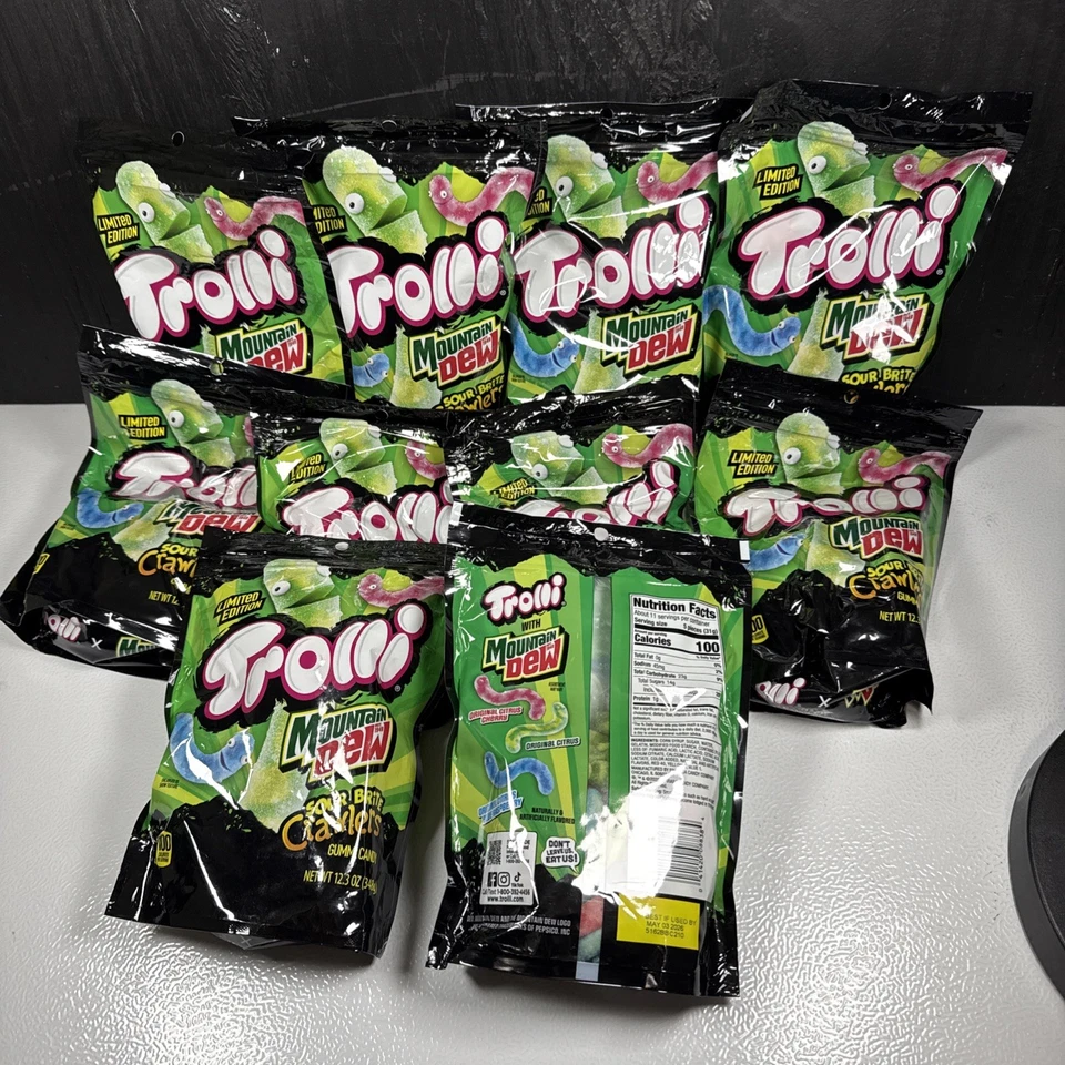 10 Packs W Tray Trolli Mountain Dew Sour Brite Crawlers Gummy Worm Candy 4.25 oz - Image 2 of 3
