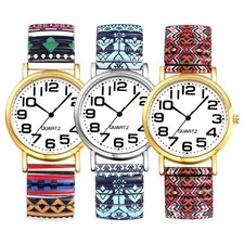 Women's Boho Large Numerals Easy Read Stainless Steel Elastic Band Wrist Watch