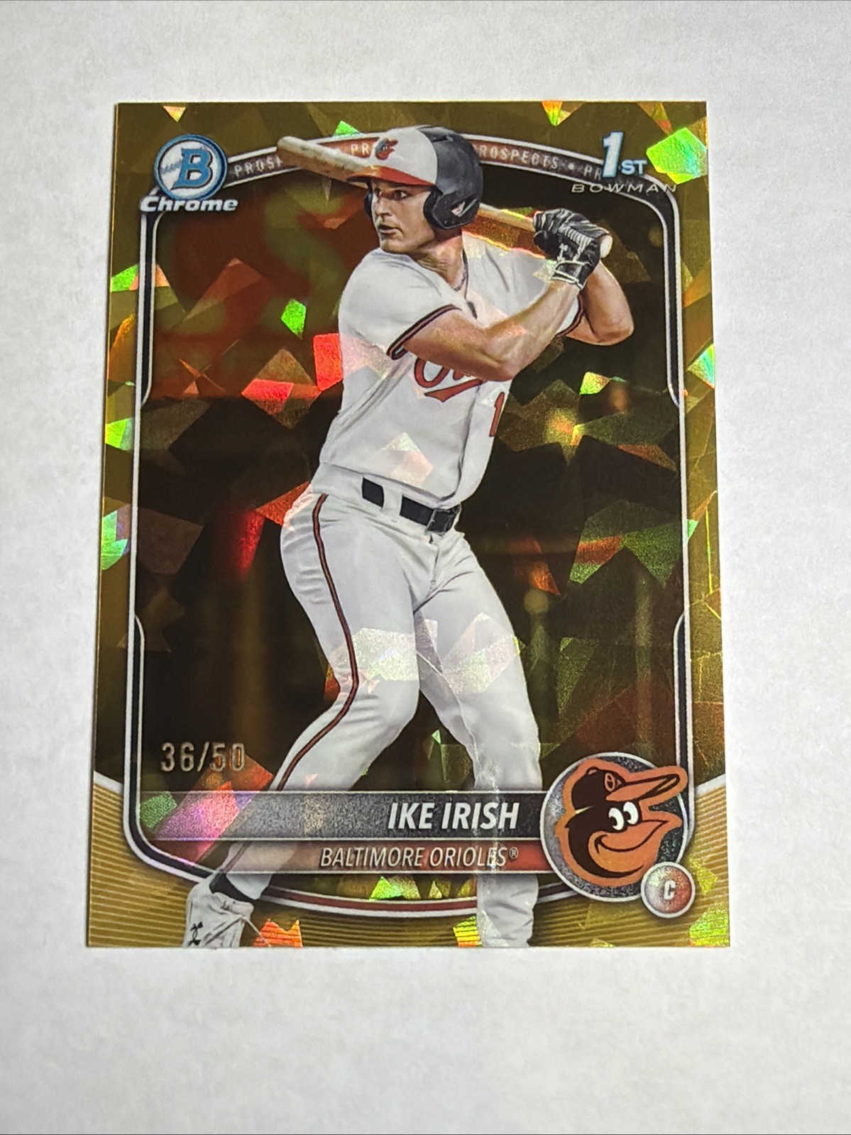 2025 1st Bowman Draft Chrome Sapphire Gold Refractor Ike Irish 36/50 RC SP O’s