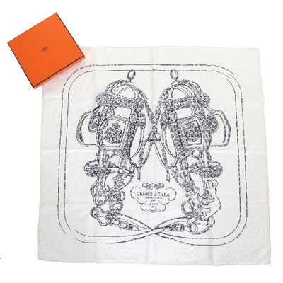 HERMES Carre 70 Scarf BRIDES de GALA Ceremony Horse Scarf 100% Silk BLANC NOIR w