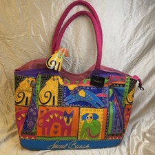 Laurel Burch Colorful Dogs And Doggies Tote Bag Pink Handles Snap Closure