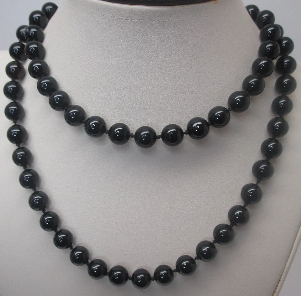 Collar vintage de oro amarillo de 14k con cuentas de ónix negro de 8 mm y pendientes de 8 mm 14k YG Foto 2 de 4