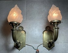 Pair Art Deco Solid Brass Wall Lights/Sconces Flame Form Glass Shades VGC
