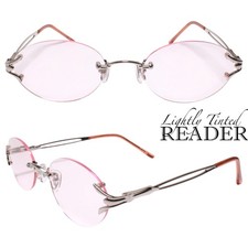 Womens Pink Tinted Lens Oval Silver Rimless 1.25 Reading Glasses - MODEL2162