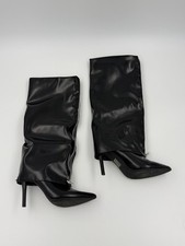 Black Knee High Stiletto Boots Zip Front Faux Leather Pointed Toe