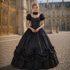 Black Victorian Ball Gown Puff Sleeve Satin Formal Dress Evening Cosplay Party
