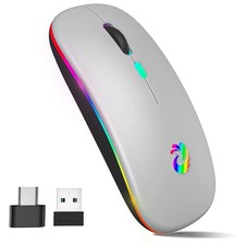 LED Wireless Mouse Rechargeable Slim Silent 2.4G USB Type-C Adapter Silver