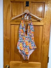 Antonio Melani Floral Halter One Piece Swimsuit Cutout Crochet Detail