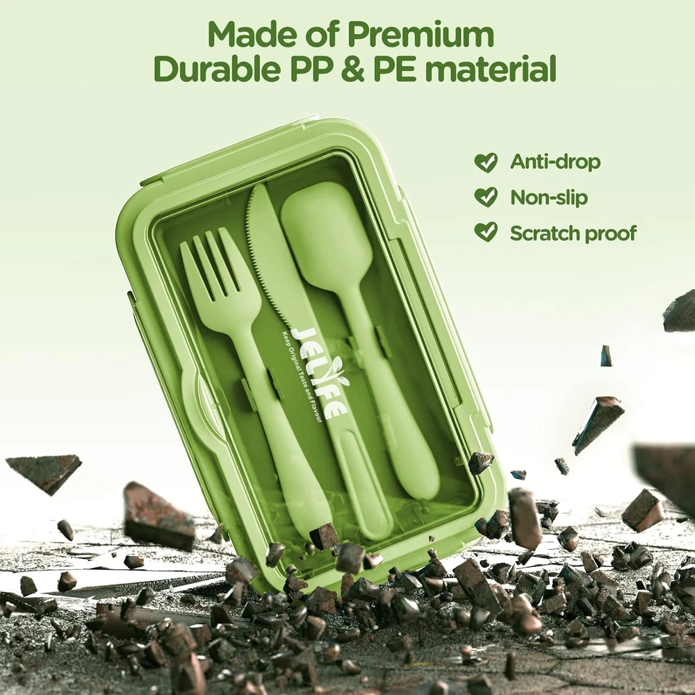 Leakproof Kids Bento Box with 4 Compartments & Tableware in Green