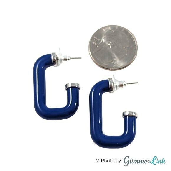 Geometric Blue Rectangular Open Hoop Silver Tone … - image 8