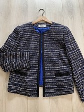 Tahari Blue Tweed Black Trim Front Open Jacket Sz 10P