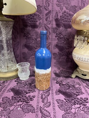Decorative Wine Bottle Stained Glass Upcycled Hand Painted Ocean Beach Theme