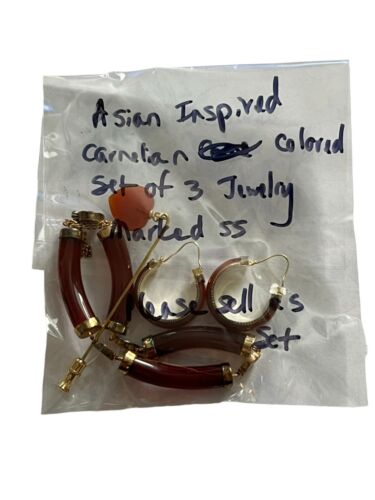 Set Of 3 Womens Asian Inspired Carnelian Earrings, Bracelet And Brooch Pin - Picture 10 of 11