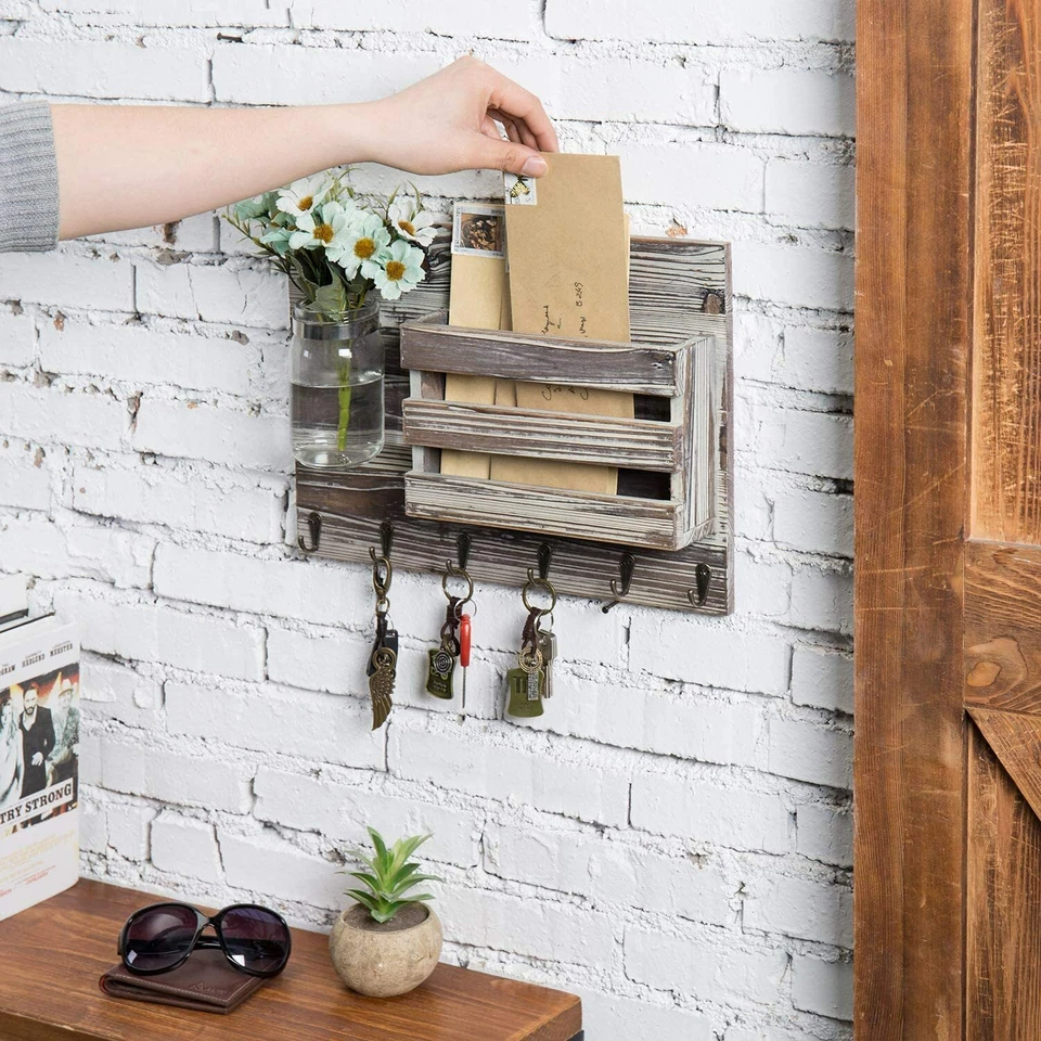 MyGift Wall Mounted Torched Wood Mail Sorter with 6 Key Hooks and Mason Jar Vase - Image 3 of 4