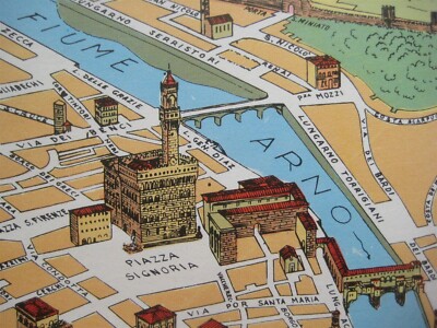 1957 Colorful Pictorial Bird's-Eye-View Map FIRENZE FLORENCE Italy