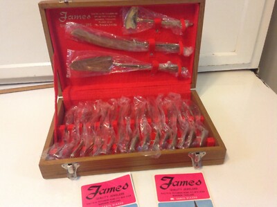 Vtg James Jewelry SET Bronzeware Flatware Cutlery Teak-Wood Box