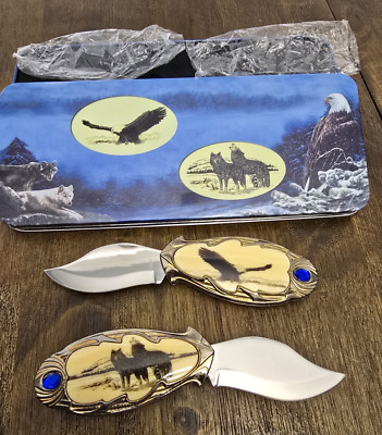 New! Wolf And Eagle Pocket Knives Set in Tin Case Stainless Knife Blades