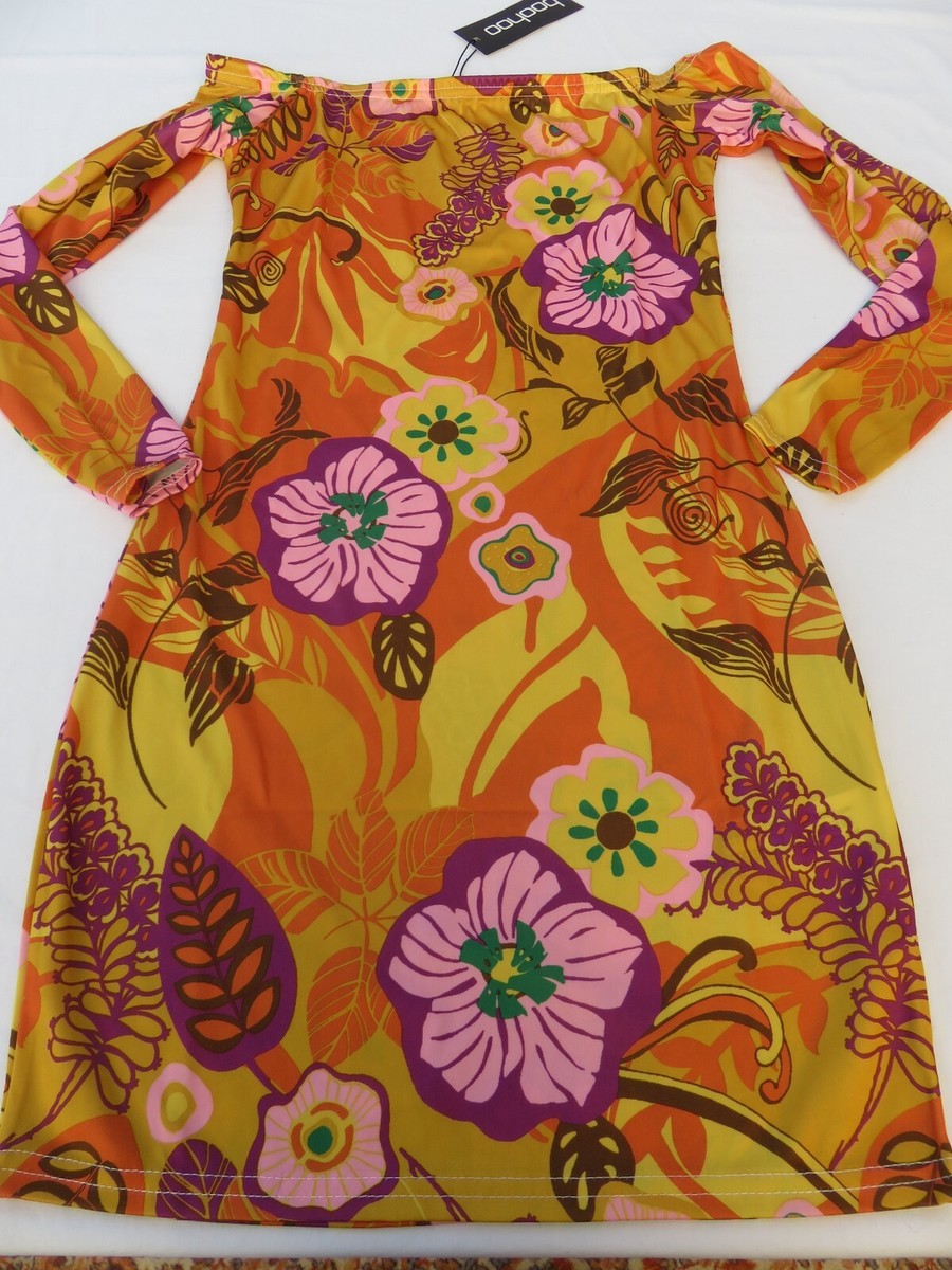 BOOHOO BNWT ORANGE 1960'S 70'S HIPPIE RETRO PRINT DRESSING UP MINI