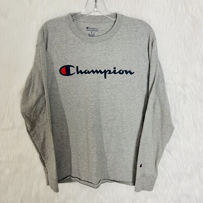 Champion Men’s Medium Shirt Light Grey Long Sleeve Crewneck Cotton Unisex  Logo
