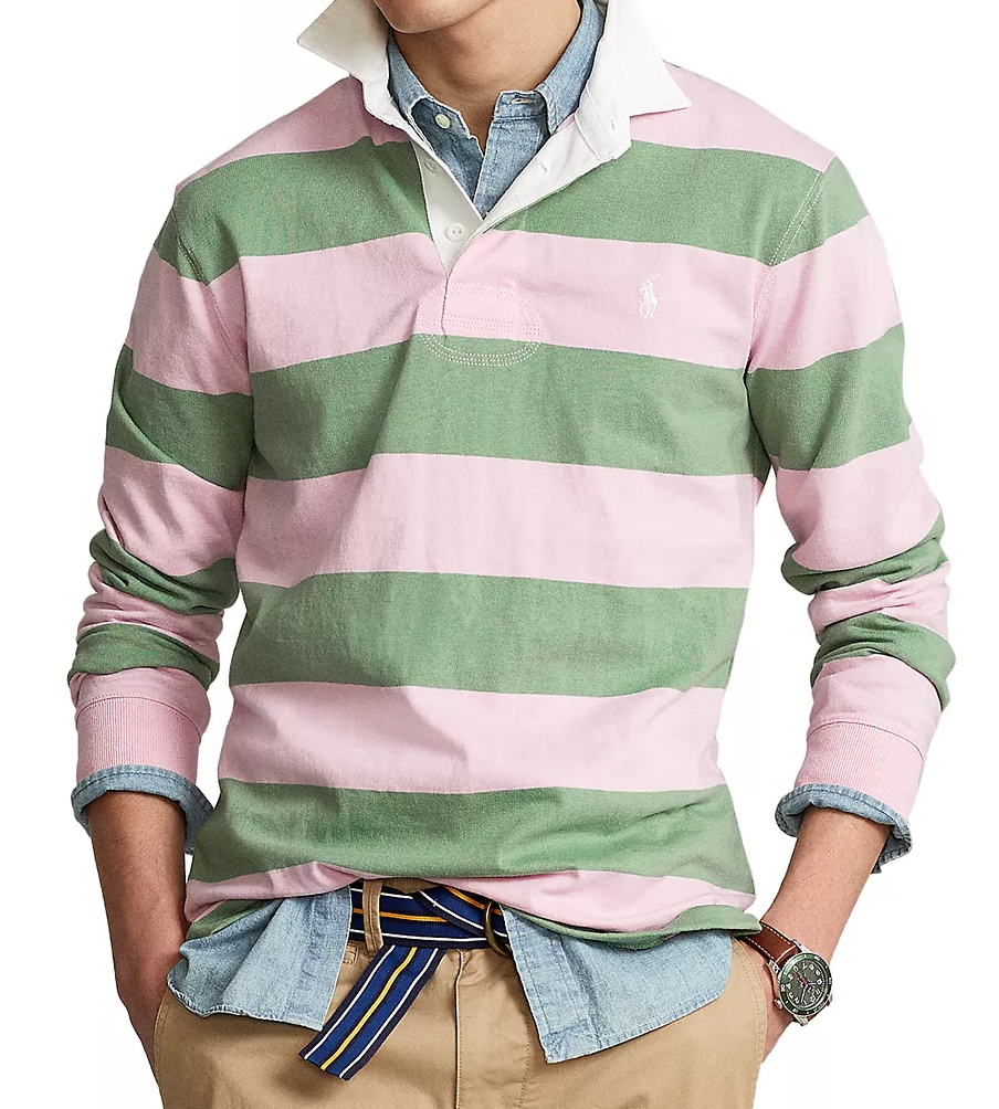 POLO RALPH LAUREN Men's Carmel Pink Multi Classic Fit Striped Iconic Rugby  Shirt | eBay