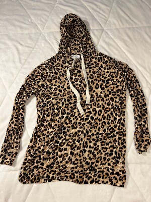 Zenana Leopard Print Hoodie Top With Kangaroo Pocket - Tan Brown Small