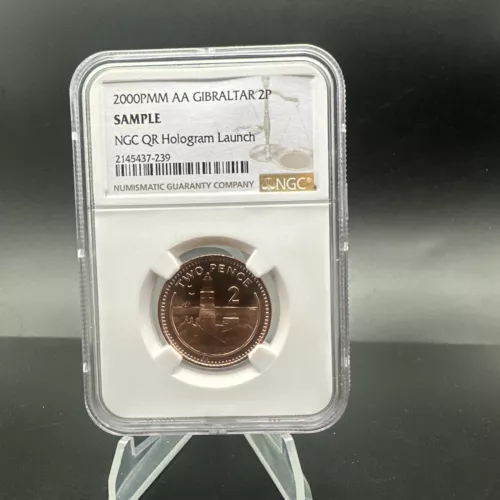 2000PMM AA Gibraltar 2 Pence NGC Sample Slab BU, NGC QR HOLOGRAM LAUNCH 2023 ANA