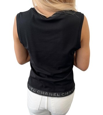 CHANEL Vintage Logo V-neck Tank Top Cotton Black Pullover