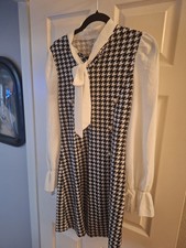 SHEIN Tall Women’s Houndstooth Midi Dress Medium Black White Bow Tie Gold Button