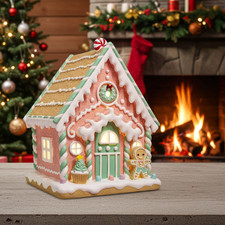 LED Lebkuchenhaus 25cm bunt rosa Weihnacht Deko Weihnachtshaus leuchtet Timer