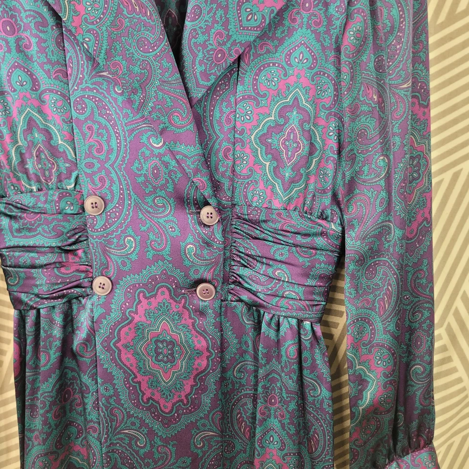 Vintage Liz Claiborn 100% Silk Shirt Dress Size 6 Teal Blue Purple Royalcore - Image 4 of 4