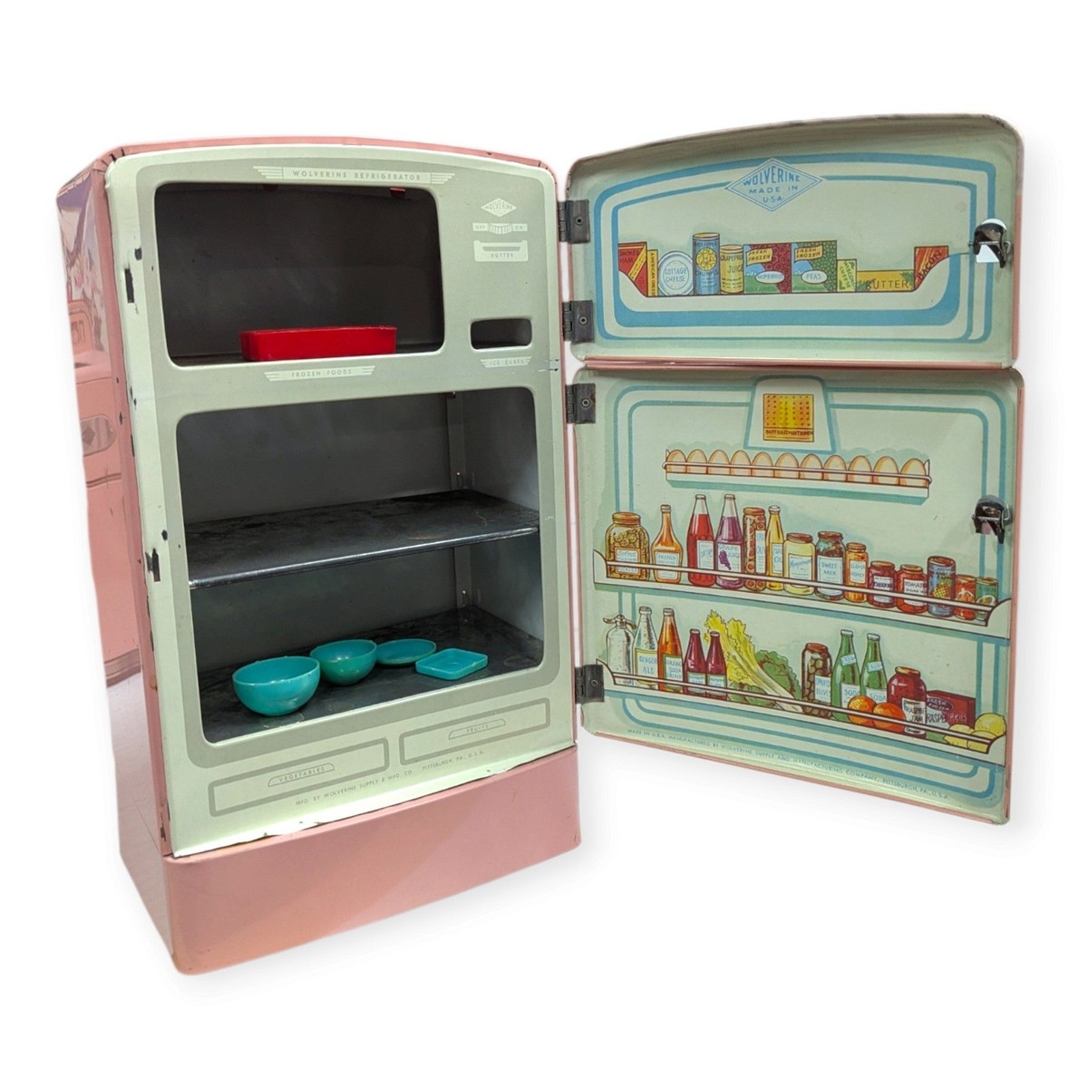 USA Vtg 50-60s Wolverine Tin 冷蔵庫中身付き Vintage Wolverine Tin Litho Pink Toy Kitchen Set Refrigerator